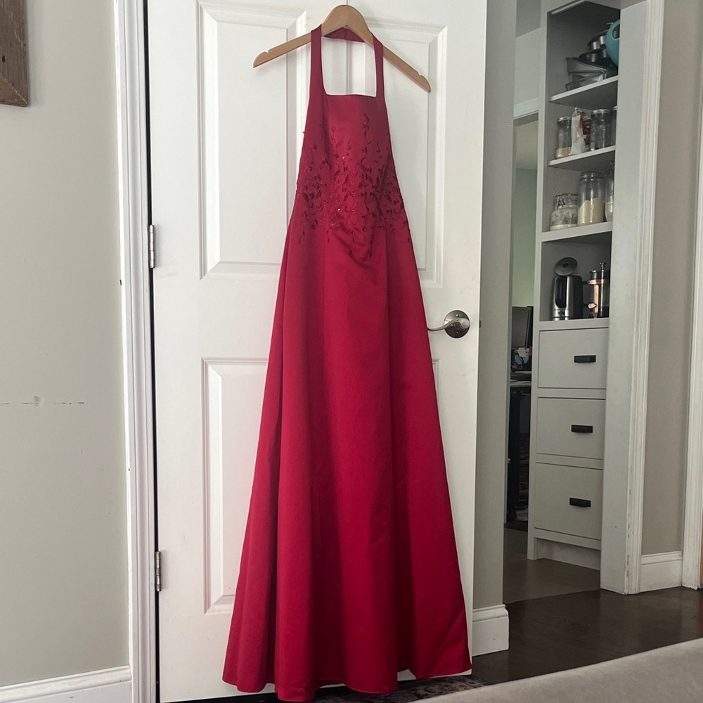 Michaelangelo Red Beaded embroidered halter full length gown prom, bridesmaid